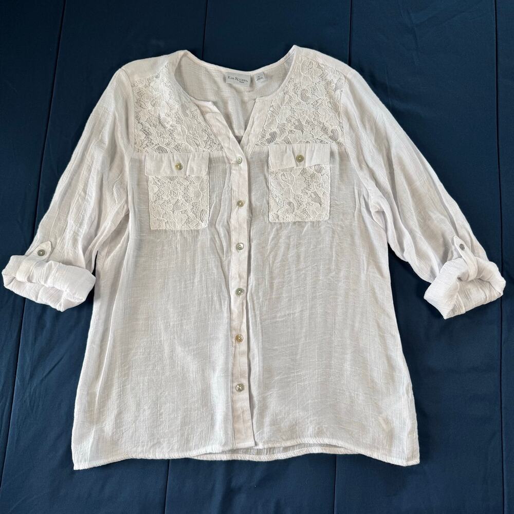 Kim Rogers Petite White Lace Roll Tab Blouse Women's PL
